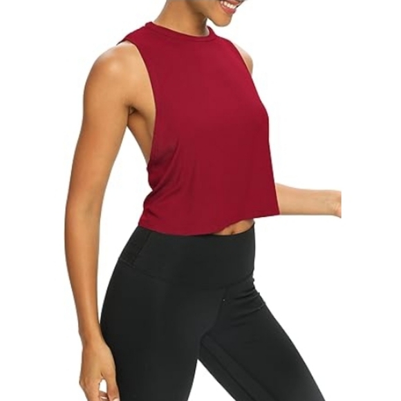 Bestisn Open Back Workout Cropped Loose Fit Ribbed Athletic Top Red - Picture 4 of 6